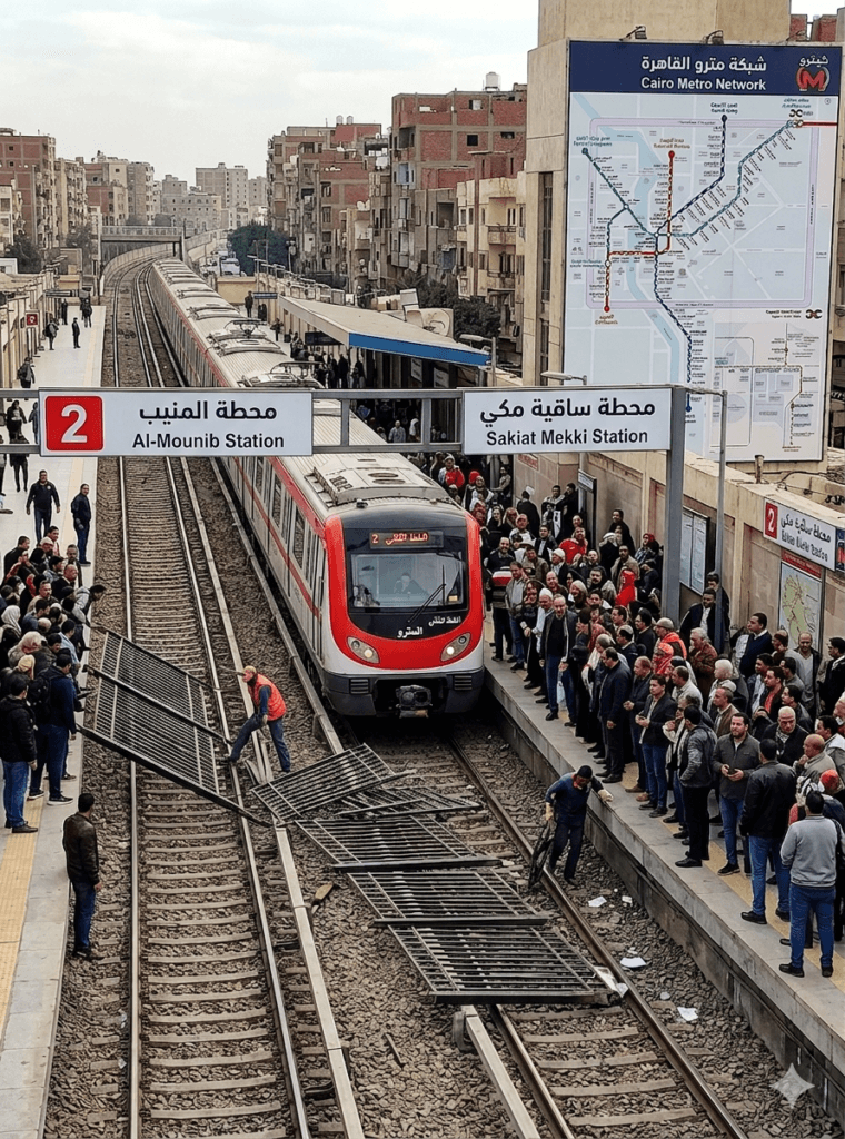 توقف المترو بمحطتي “المنيب وساقية مكي” بسبب سقوط السور الحديدي26 مارس 2026 - 12:19 صباحًا توقف المترو بمحطتي "المنيب وساقية مكي" بسبب سقوط السور الحديدي
